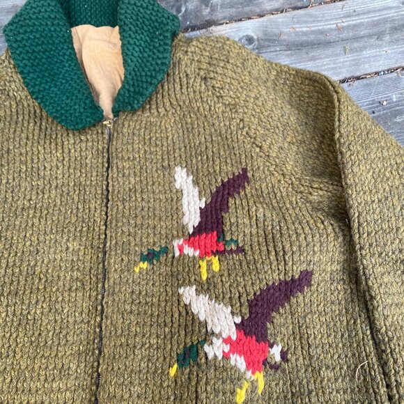 Vintage 1958 Green Goose Cowichan Handmade Woven Wool Jacket Canvas Large Canada - Picture 8 of 16